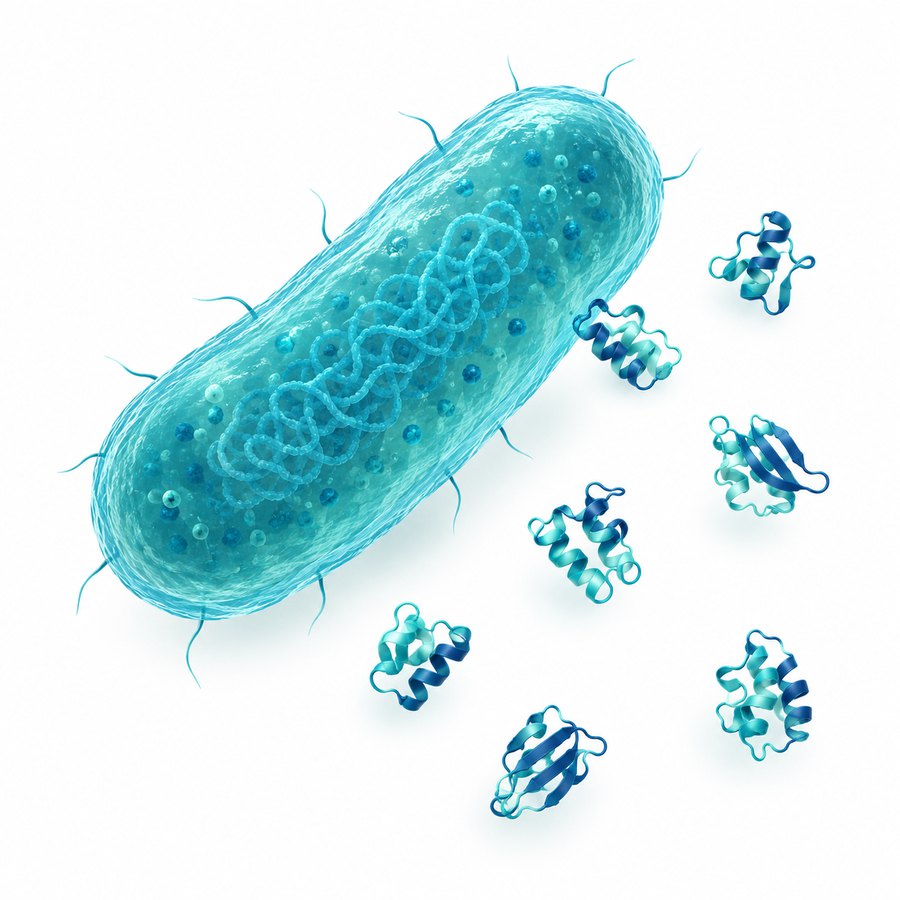 Illustration of a bacterial cell secreting folded recombinant proteins into the surrounding medium