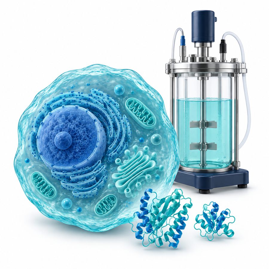 Illustration of a mammalian cell alongside a stirred-tank bioreactor and folded recombinant proteins