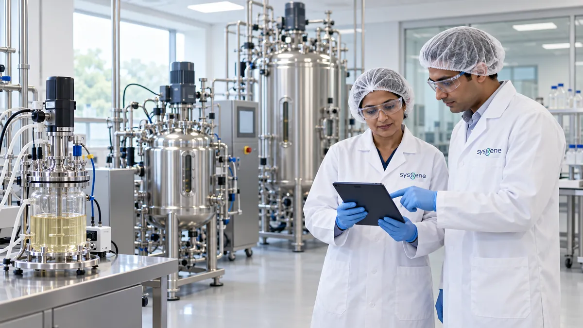 Two scientists reviewing data beside stainless-steel bioprocess vessels